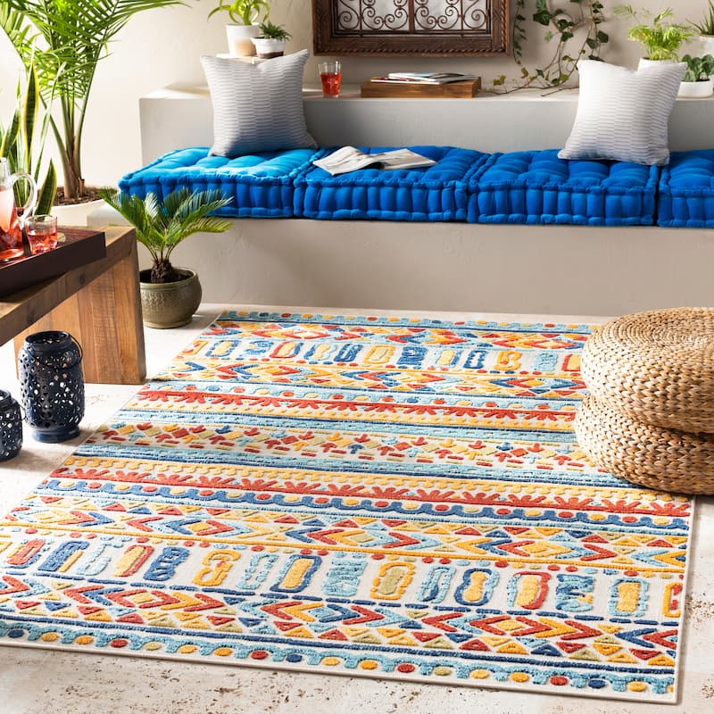 Livabliss Aldine Vibrant Boho Indoor/ Outdoor Area Rug - 7'10" x 10'3" - Aqua