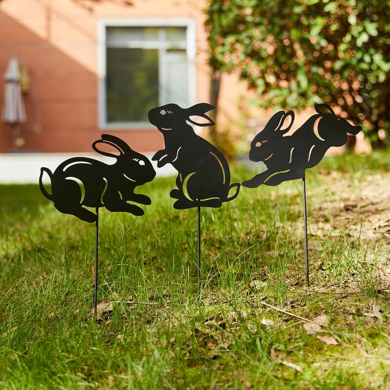 Glitzhome 2-in-1 Black Metal Cat Rabbit Duck Dog Silhouette Yard Stakes Wall Decor (Set of 3)