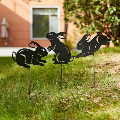 Glitzhome 2-in-1 Halloween Black Metal Rabbit Silhouette Yard Stakes Wall Decor (Set of 3)