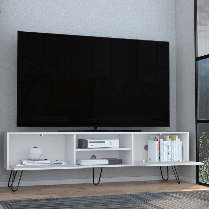 Vassel TV Stand, Entertainment Unit with Hinged Drawers and Hairpin Legs