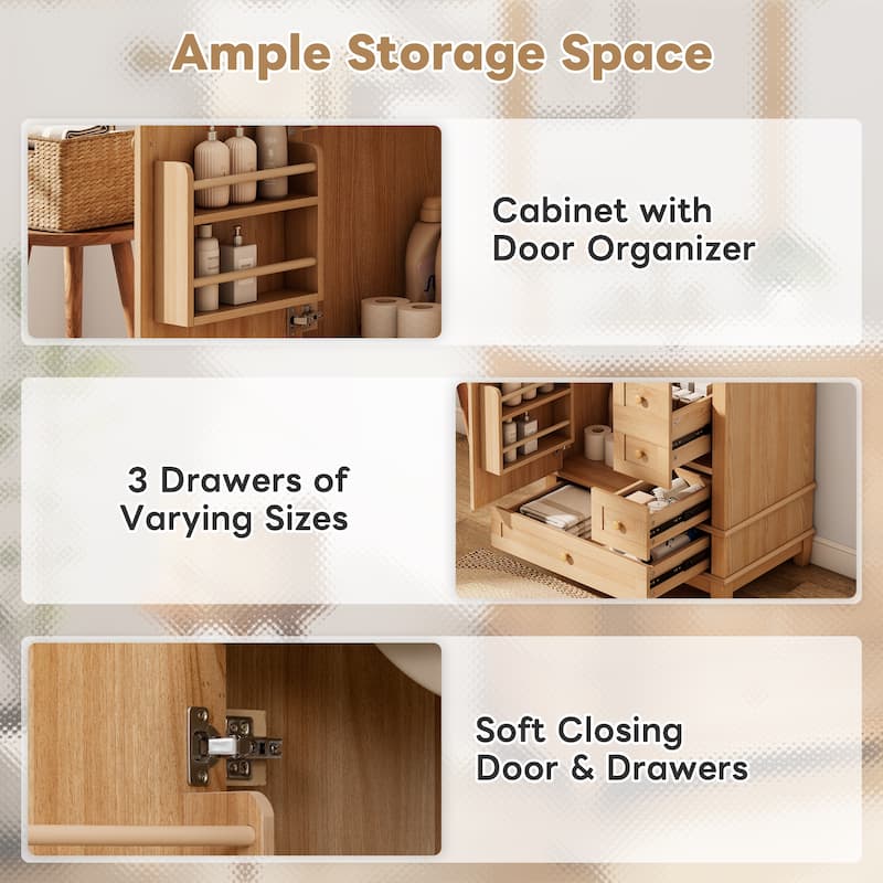 30" Bath Vanity with Sink - 3 Drawers, Door Shelf & Soft-Close Mechanism