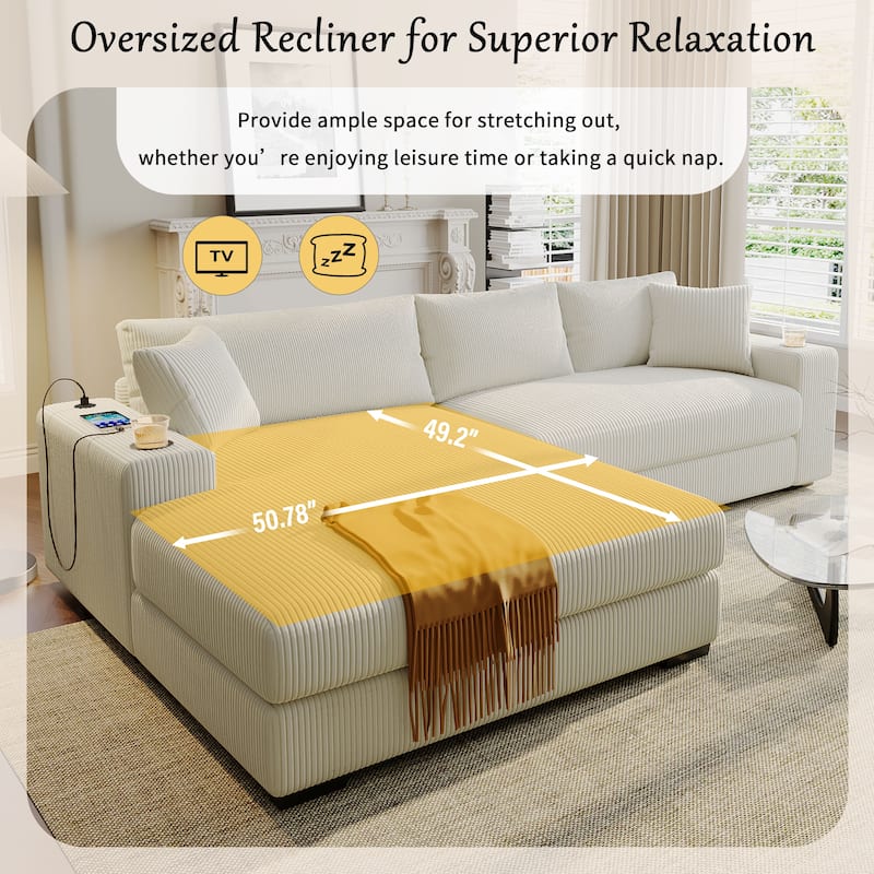 111.5" Corduroy Sectional Sofa Oversized 3 Seat L Shaped Sofa with 2 Built-in Cup Holders and Charging Ports