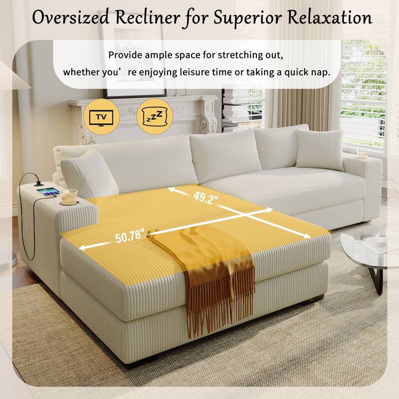 Luxurious Large Sectional Sofa with Thick Cushions, Lounge, Built-in Cup Holders & Charging Ports