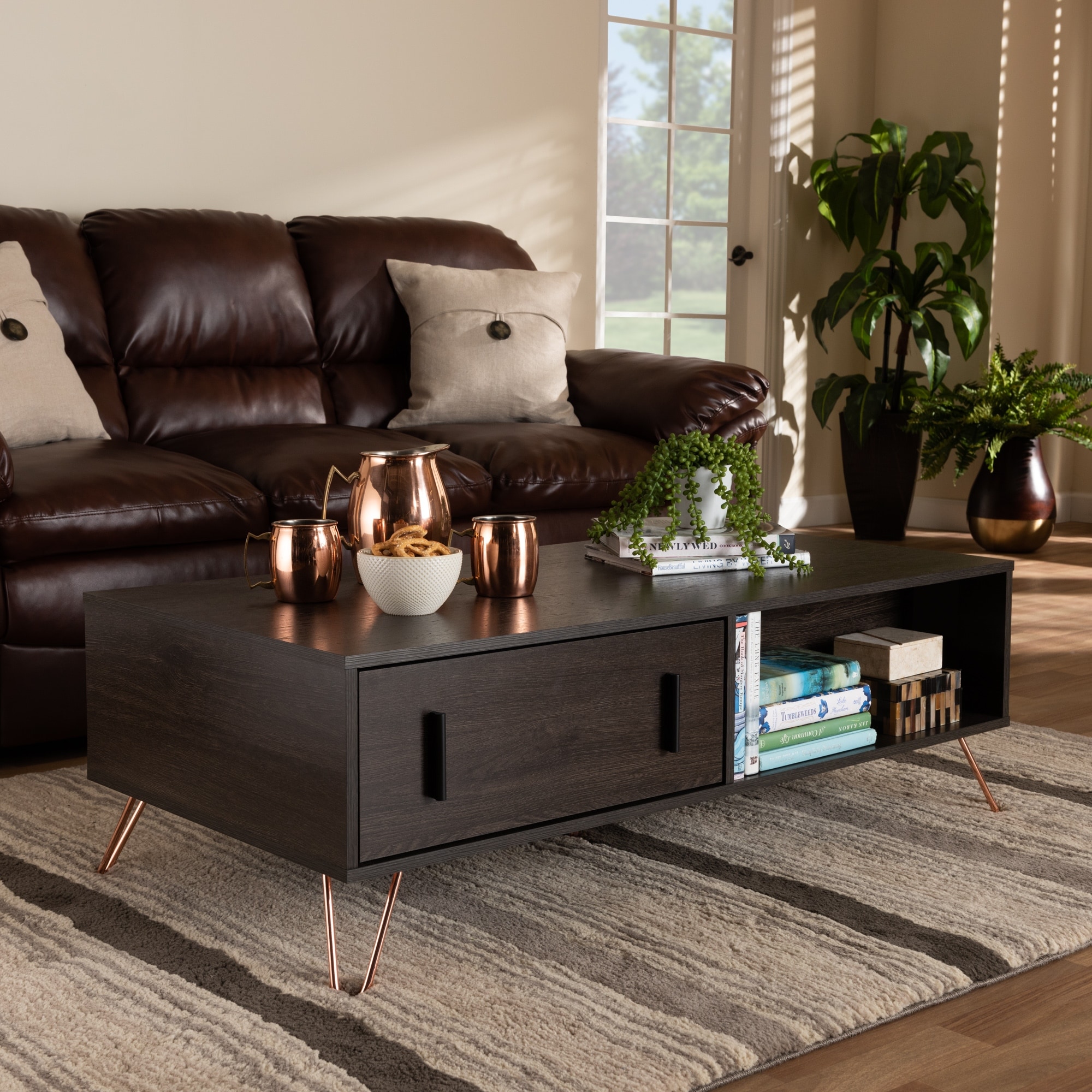 Baldor Dark Brown Wood And Rose Gold Tone Metal 2 Drawer Coffee Table Browse 12,410 gold and tan and brown living room on houzz you have searched for gold and tan and brown living room ideas and this page displays the best picture matches we have for gold and tan and brown living room ideas in june 2021. baldor dark brown wood and rose gold tone metal 2 drawer coffee table