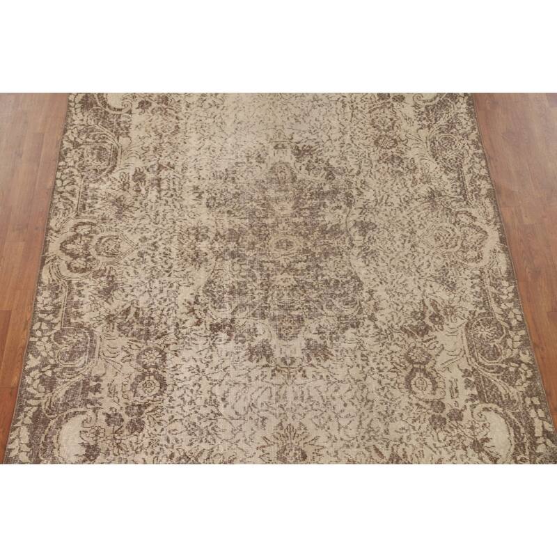 Distressed Anatolian Turkish Vintage Rug Handmade Beige Wool Carpet - 6'6" x 9'8"