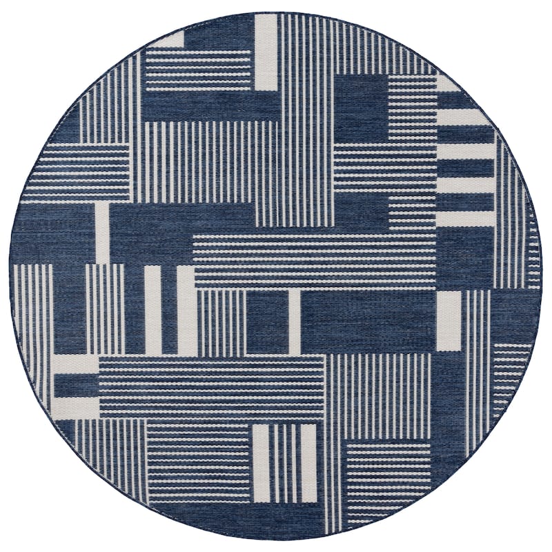 SAFAVIEH Beach House Emer Transitional Rug - 6'7" Round - Navy/Ivory