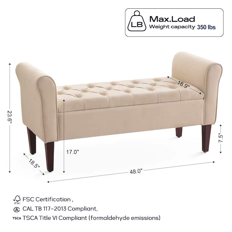 Arm Fabric Storage Ottoman Bench with Solid Wood Legs, 48"W x 18"D x 23"H
