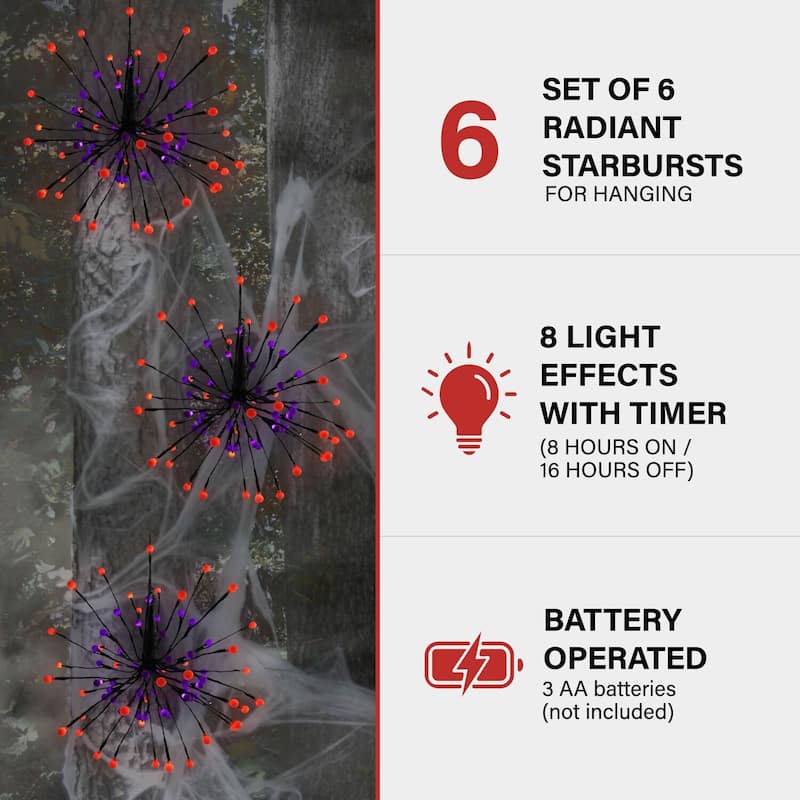 Haunted Hill Farm Set of 6 Battery-Operated Radiant Starburst LED Lights w/ 8 Functions and Timer