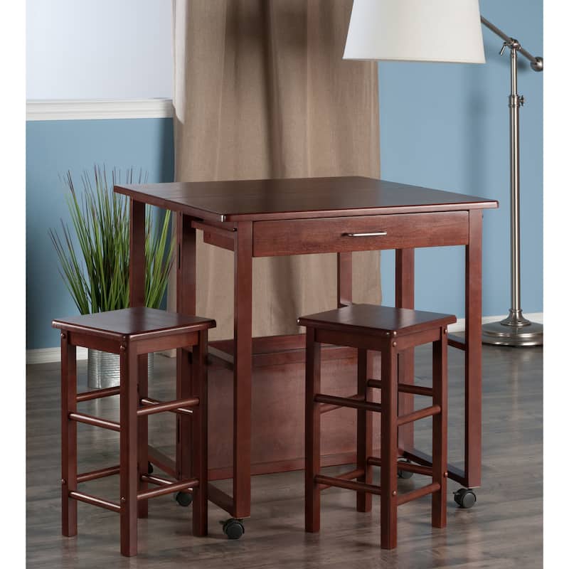 3 Piece Compact Kitchen Table Set with Storage Drawer and Rolling Casters - 30.63 x 31.57 x 31.73 inches - Walnut
