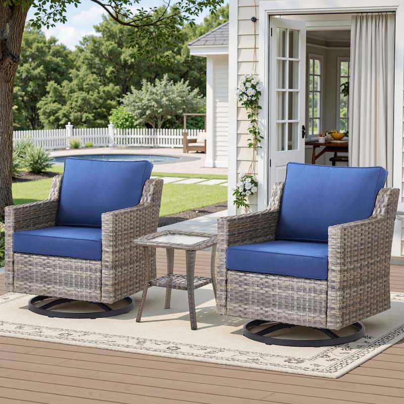 Glissia 3-Piece Gray Wicker Outdoor Swivel Glider Chair Set with 4-Inch Thick Cushions and Side Table - Navy Blue Cushions - Gray Wicker