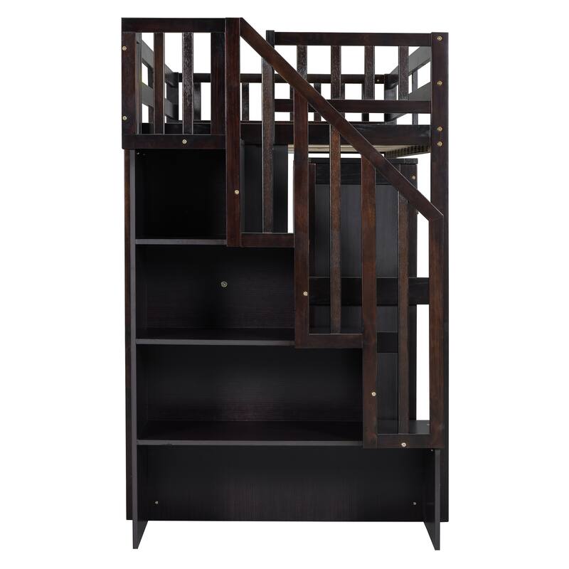 Twin Loft Bed with Stairs Desk Drawers Bookshelf Wardrobe Pine Wood