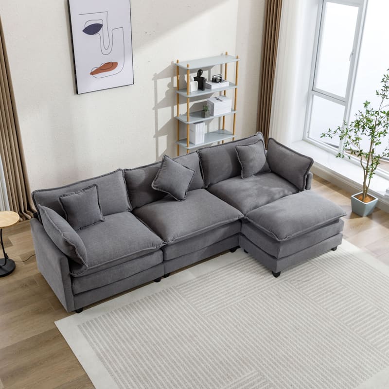 Grey 112.2" Modern L-Shaped 4-Seat Sectional Sofa with Removable Ottoman, 5 Plush Pillows, and Sturdy Construction