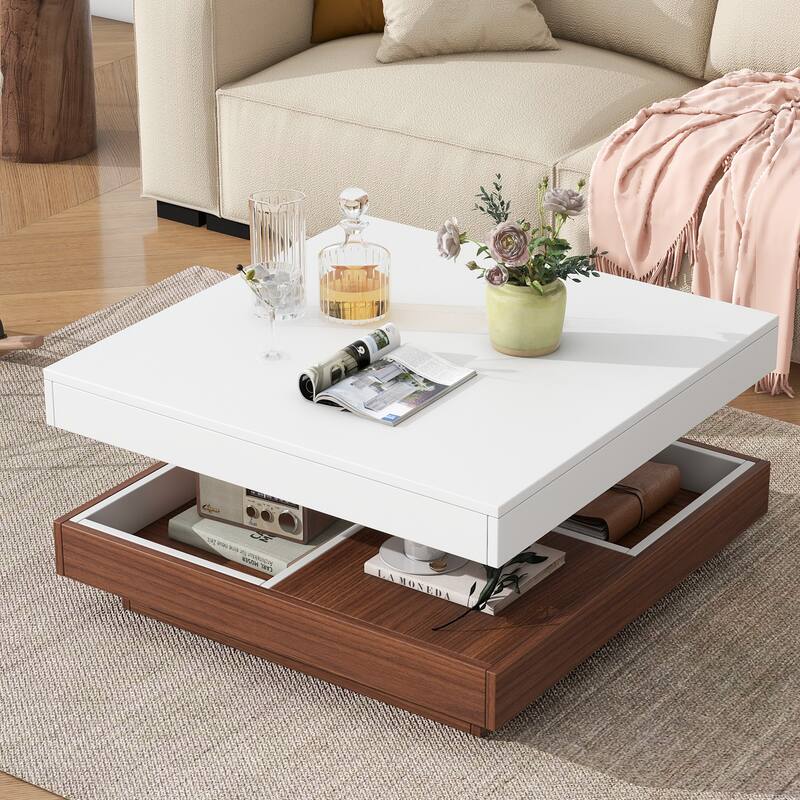 Modern Square 360°Rotating Coffee Table with Three Detachable Tray, 2-Tier Farmhouse Wood Center Table with Storage - White+Walnut