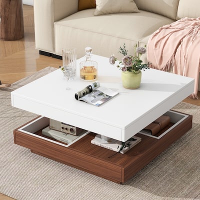 Modern Square 360°Rotating Coffee Table with Three Detachable Tray, 2-Tier Farmhouse Wood Center Table with Storage