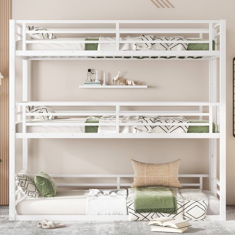 Roomfitters Twin/Full/Queen Metal Triple Bunk Bed with Safety Guardrails, Heavy-Duty Noise-Reduced Frame, White