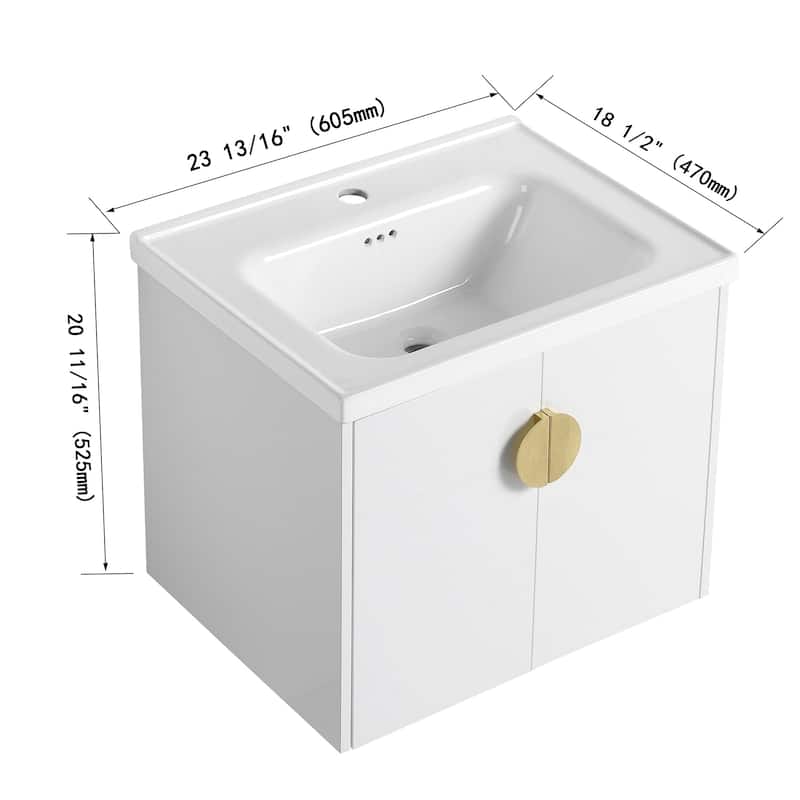 24/28 inch Wall Mounted Bathroom Vanity Set in White with Integrated Ceramic Sink