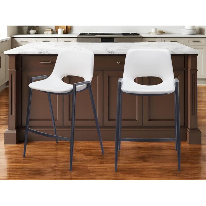 HomeRoots Set of Two 26" White and Black Faux Leather and Steel Low Back Counter Height Bar Chairs - Counter Height - Set of 2 - White