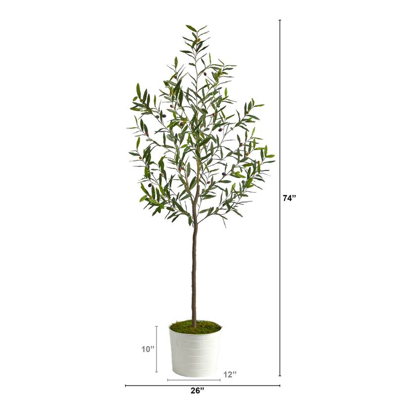 Artificial Olive Tree 70 Inch Indoor Outdoor Plant in White Planter - Green - 61 Inches and Over