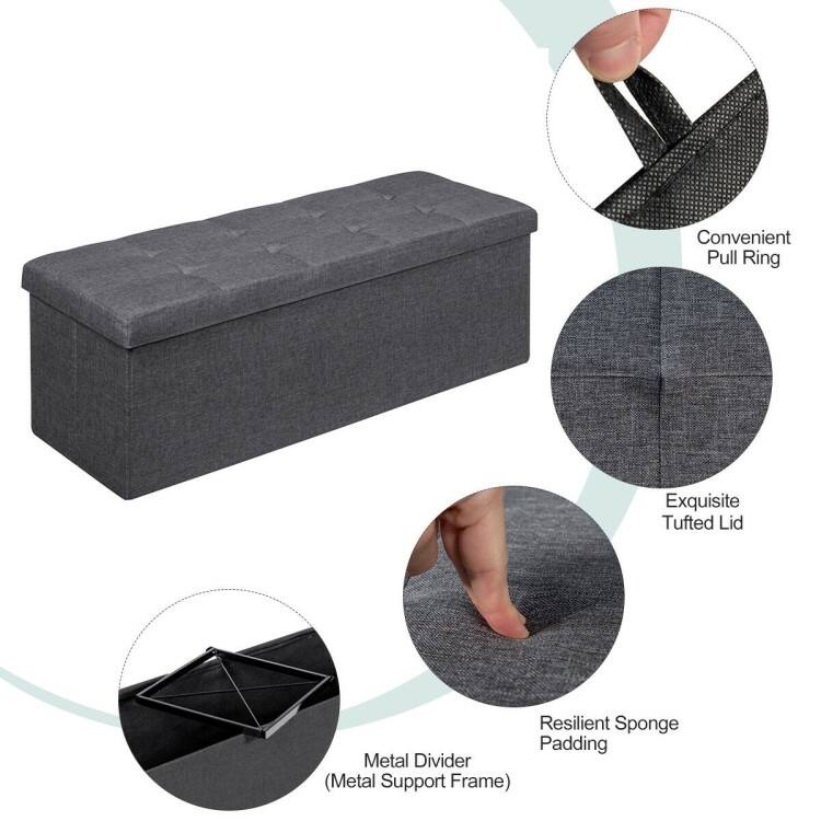 Foldable Storage Ottoman Bench with Divider and Tufted Seat in Oxford Fabric for Living Room Bedroom Entryway