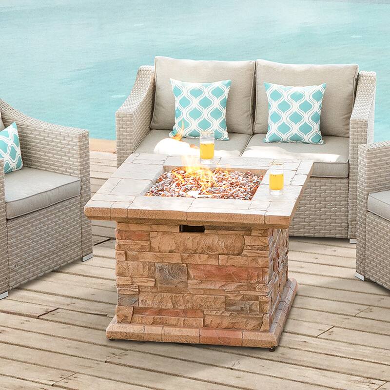 COSIEST Outdoor Square Propane Fire Pit Table w Faux Brown Ledgestone - 32" W x 32" D x 25" H