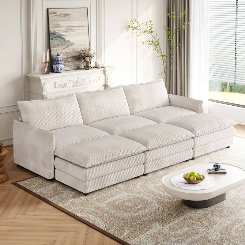 109" Corduroy 3-Seater Cloud Sectional Sofa with 3 Ottomans
