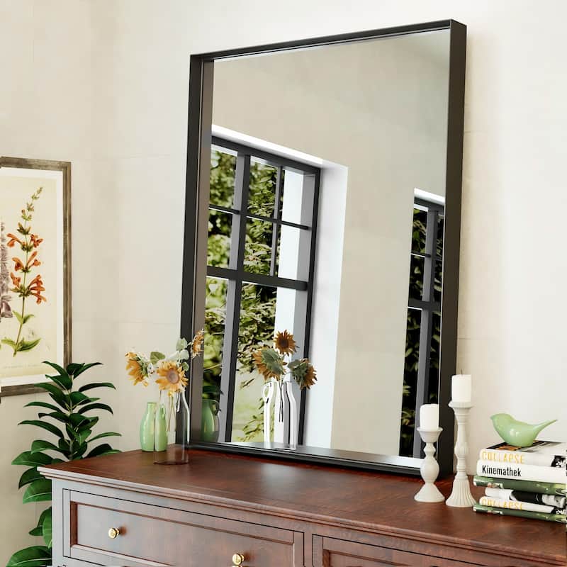Full Size Metal Frame Wall Mirror Black Tempered Glass for Bathroom