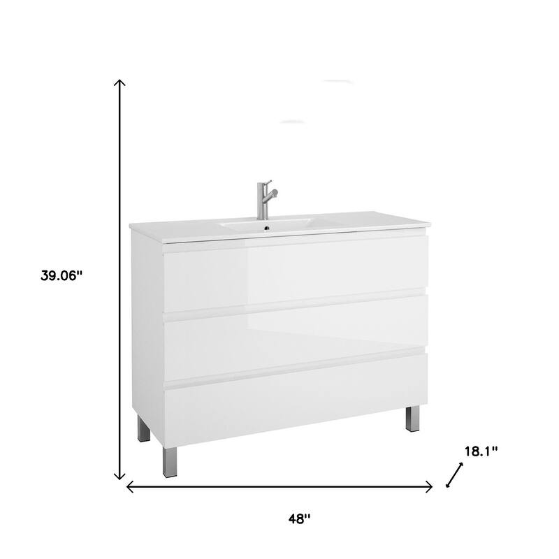 HomeRoots 48" White Wood Freestanding Bathroom Vanity With White Sink And Three Drawers - 48.00 in. x 39.06 in. x 18.10 in.