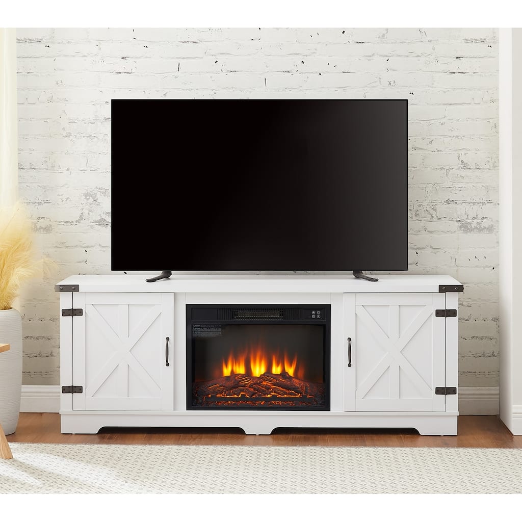 Modern Farmhouse TV Media Stand, Large Barn Inspired Home Entertainment Console, with 23" Fireplace Insert, for TV Up to 70'', w