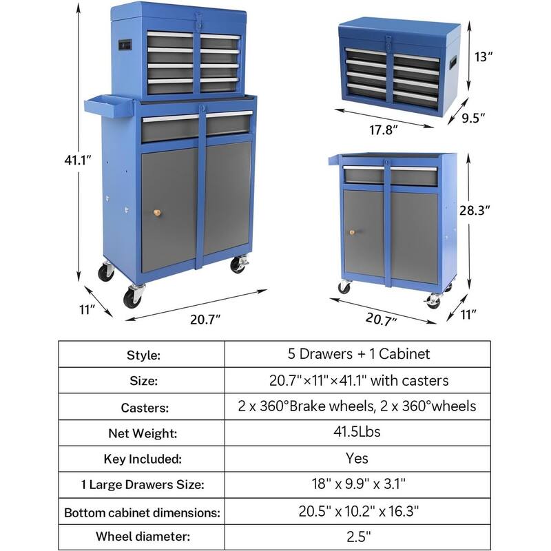 5 Drawer Detachable Tool Cabinet with Moving Wheel 2 Brakes, Tool Box - 5-Drawer