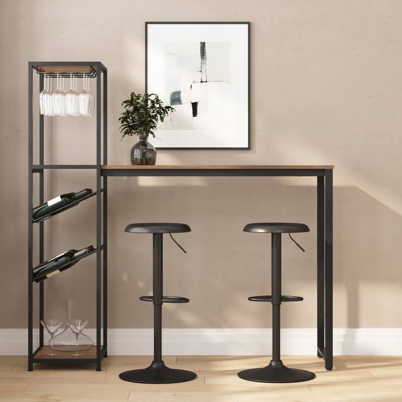 Metal Frame Bar Table with Bottle and Stemware Storage - Walnut Top/Black Frame