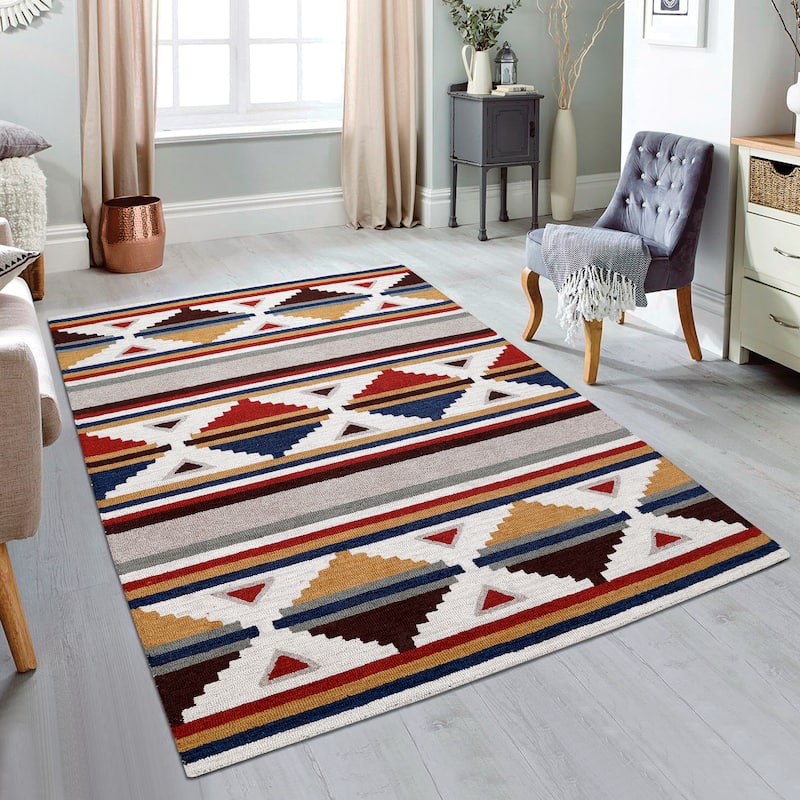 George Towne Living Modern Aztec Luxury Handmade Southwest Flair Wool Area Rug - 5'x8' - Beige/Multi