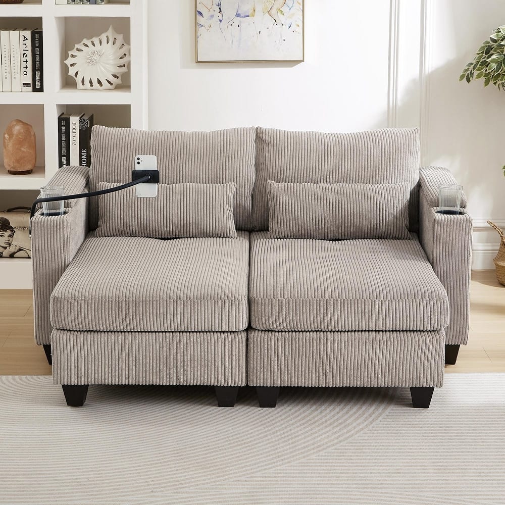 Sofa Chair with Armrests, 2-in-1 Corduroy Loveseat & Chaise Lounge, Sofa Bed Sleeper Sofa with Cup Holders & Side Pockets