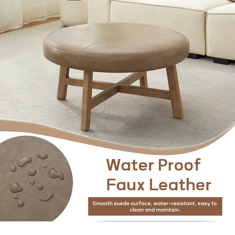 Round Upholstered Coffee Table with Solid Wood Base, Modern Fabric Ottoman Table for Living Room