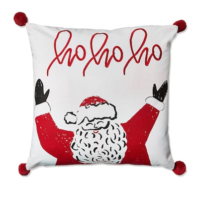 20"x20" Christmas White Ho Ho Ho Santa Cotton with Pom Poms Accent Decorative Throw Pillow Poly Filled Removable Insert Square