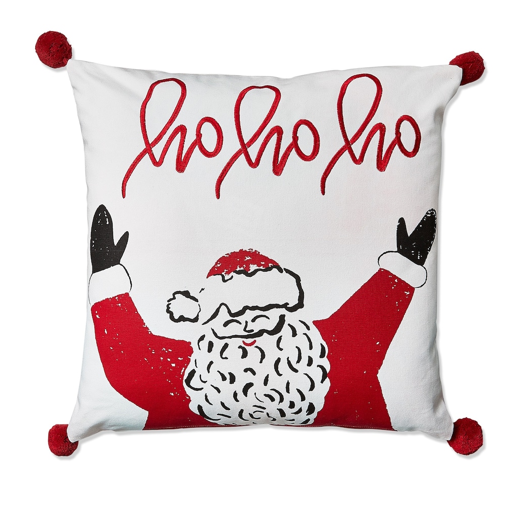 20"x20" Christmas White Ho Ho Ho Santa Cotton with Pom Poms Accent Decorative Throw Pillow Poly Filled Removable Insert Square