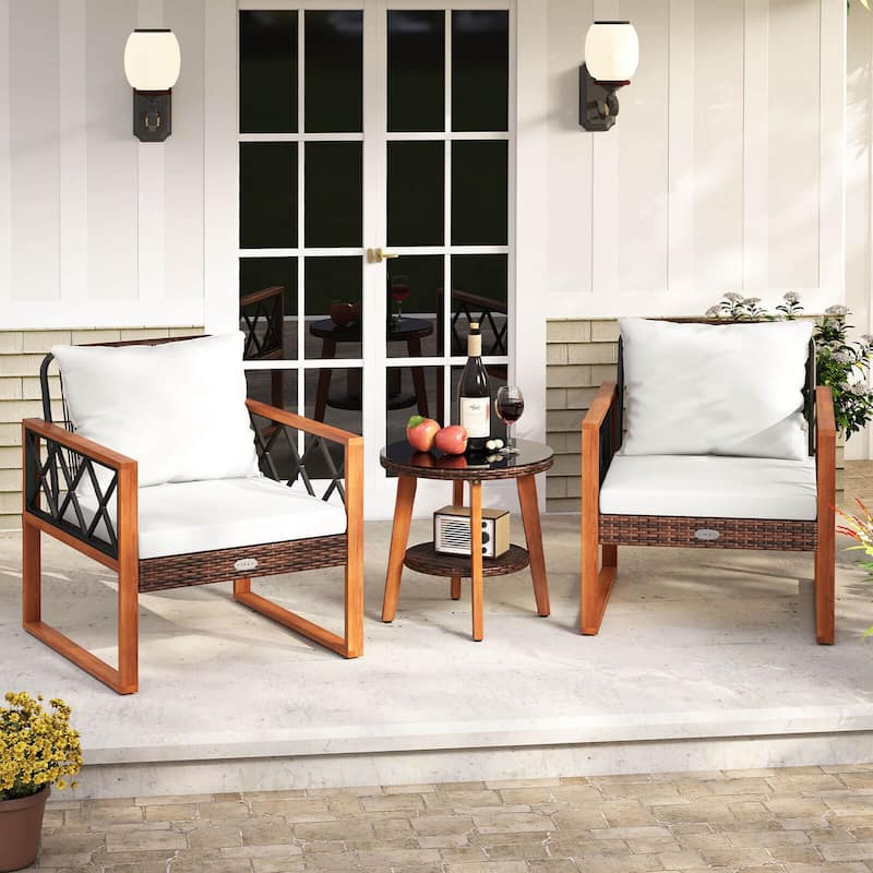 Costway 3 PCS Patio PE Wicker Furniture Set with Solid Acacia Wood - See Details - as pic shows - See Details