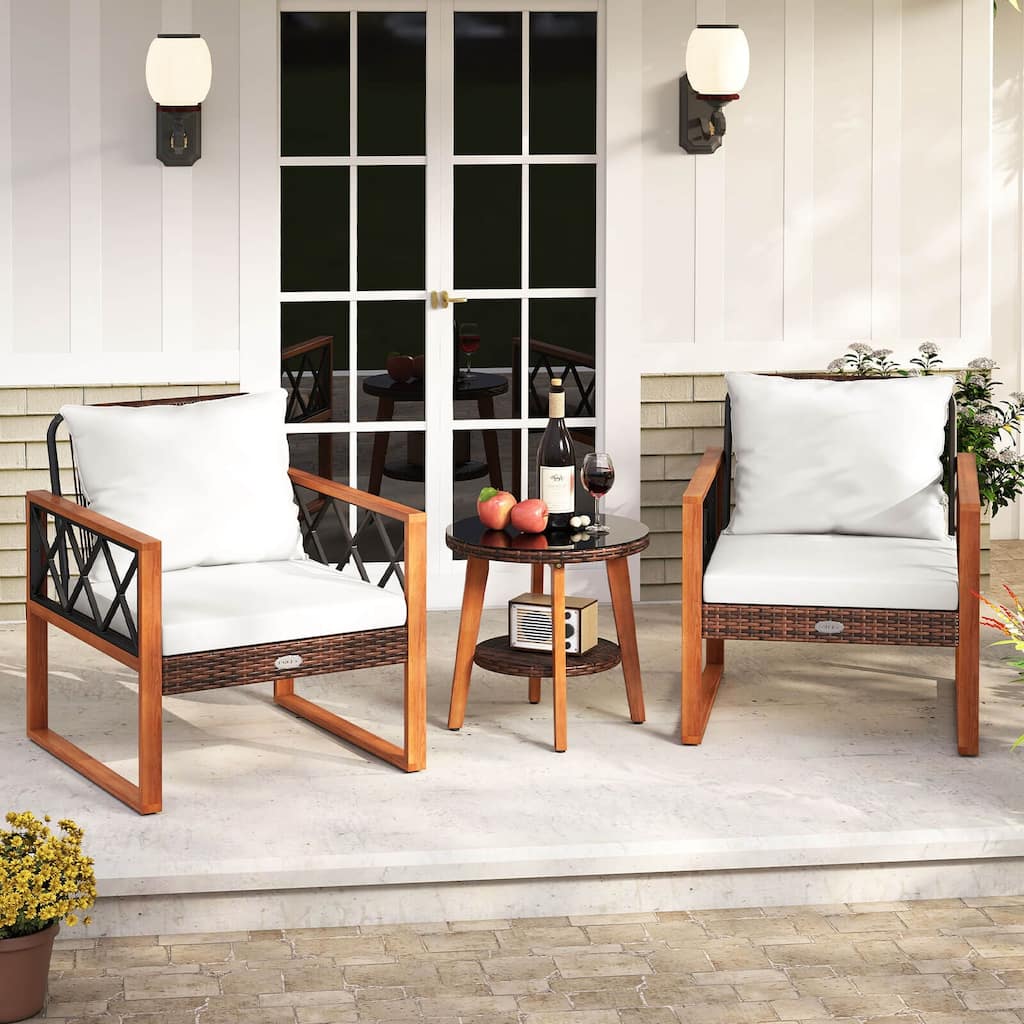 Costway 3 PCS Patio PE Wicker Furniture Set with Solid Acacia Wood - See Details
