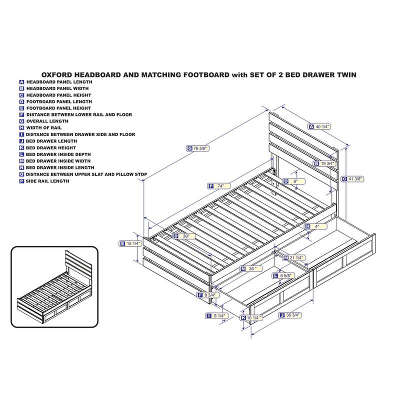 Oxford Twin Platform Bed with Matching Footboard & 2 Storage Drawers in Espresso