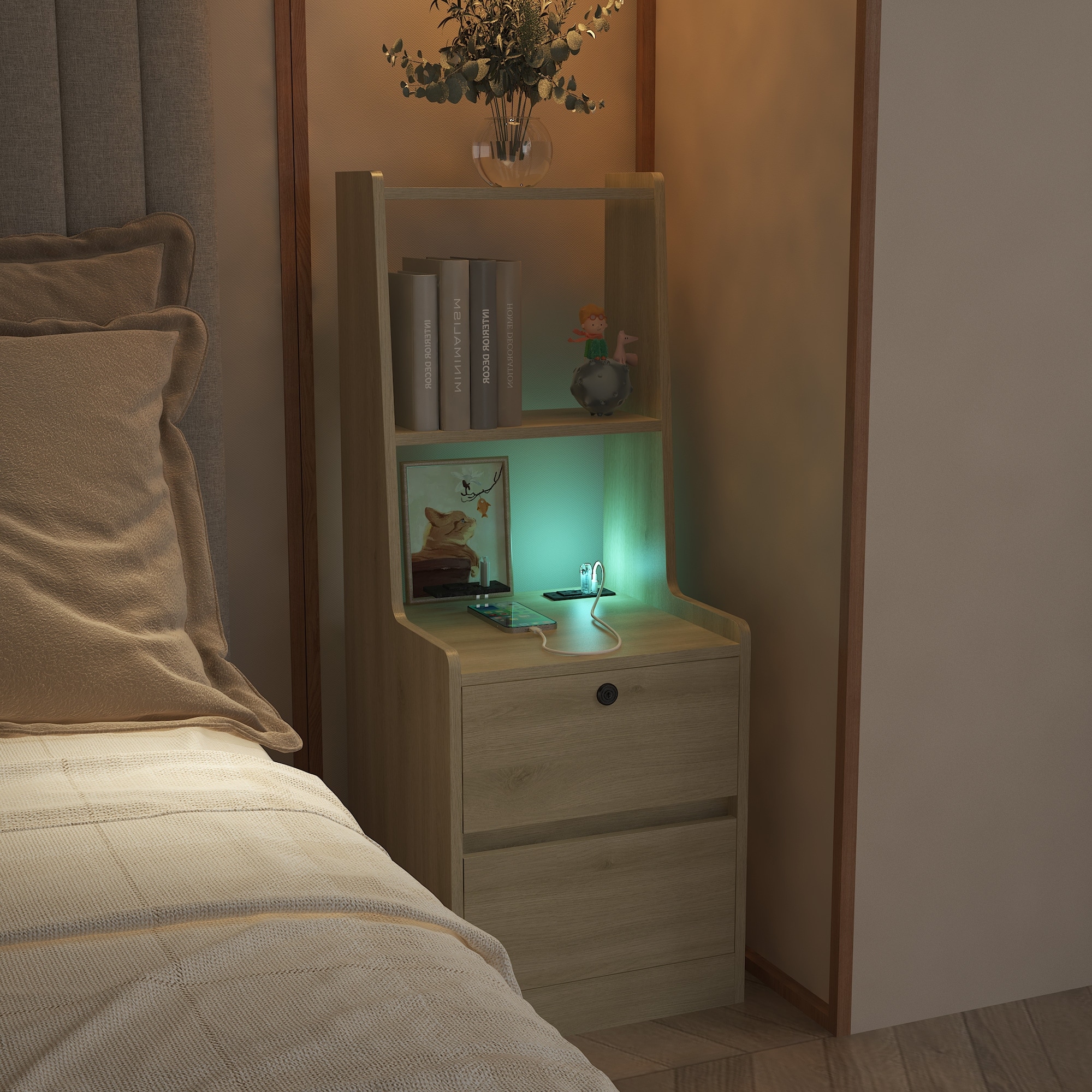 Modern Wood Nightstand: Smart Charging Station, Night Light & Bookshelf – Bedside Storage Cabinet for Bedroom.‌