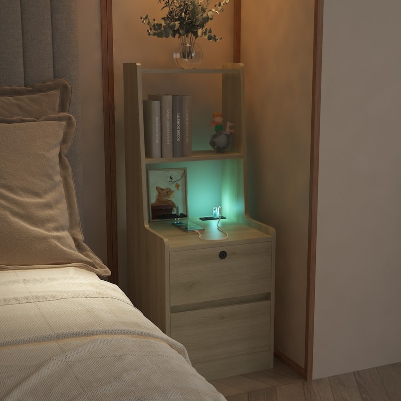 Nightstand with Charging Station, Smart Nightstand with Night Light, Modern Night Stand with Bookshelf,with Storage Cabinet