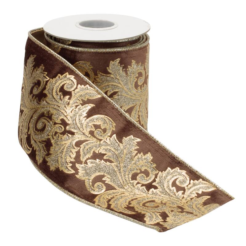 Gold Trim Brown Damask Wired Ribbon 4 Inch x 5 Yards for Crafts - 180” x 4”x 0.25”
