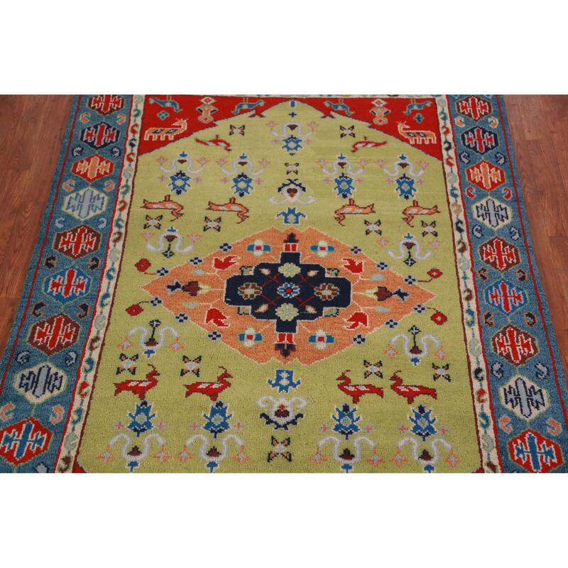 Animals Green Kazak Oriental Area Rug Handmade Wool Carpet - 4'10" x 7'7"