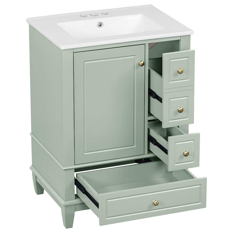 24" Freestanding Bathroom Vanity with Sink - Ceramic Top, Drawers & Shelves, MDF & Solid Wood Base, for Small Bathrooms