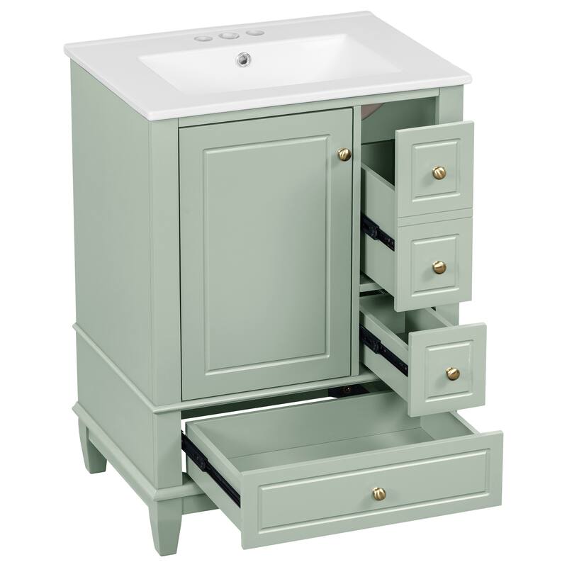 Roomfitters 24" Bathroom Vanity with Sink, Solid Wood Frame, 3 Drawers & Side Cabinet with Door Racks