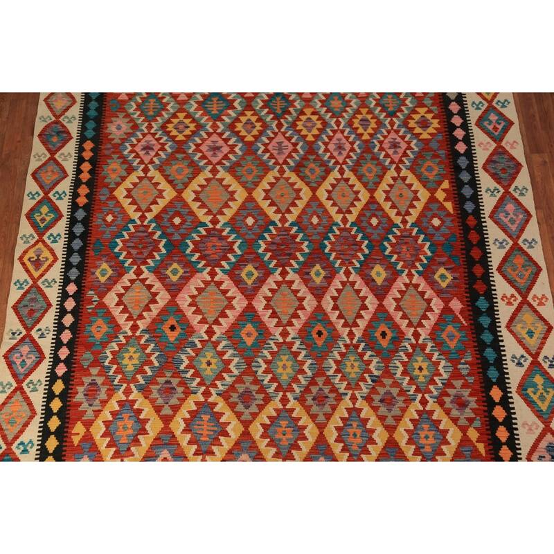 Geometric Kilim Reversible Area Rug Hand-Woven Orange Wool Carpet - 8'3"x 11'0"