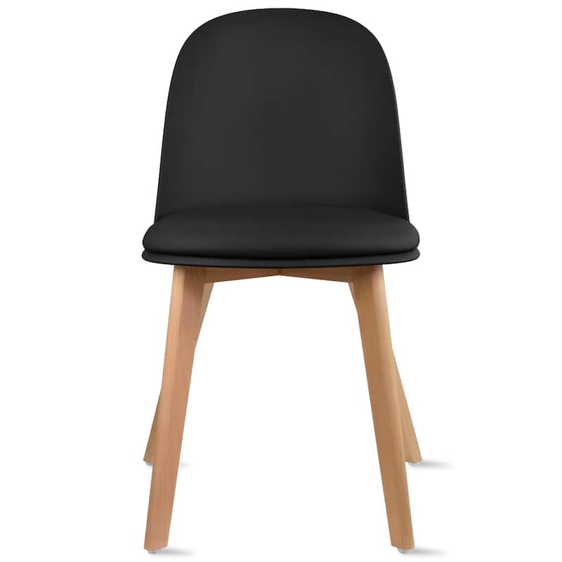 Set of 2 Plastic Dining Chairs Padded Cushion Faux Leather Wooden Legs For Kitchen Waiting Room Outdoor Party