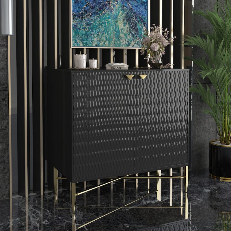 Accent Cabinet with Raised Diamond Pattern, Storage Cabinet with Brass X-Tapered Legs, Buffet with Adjustable Shelves - Black