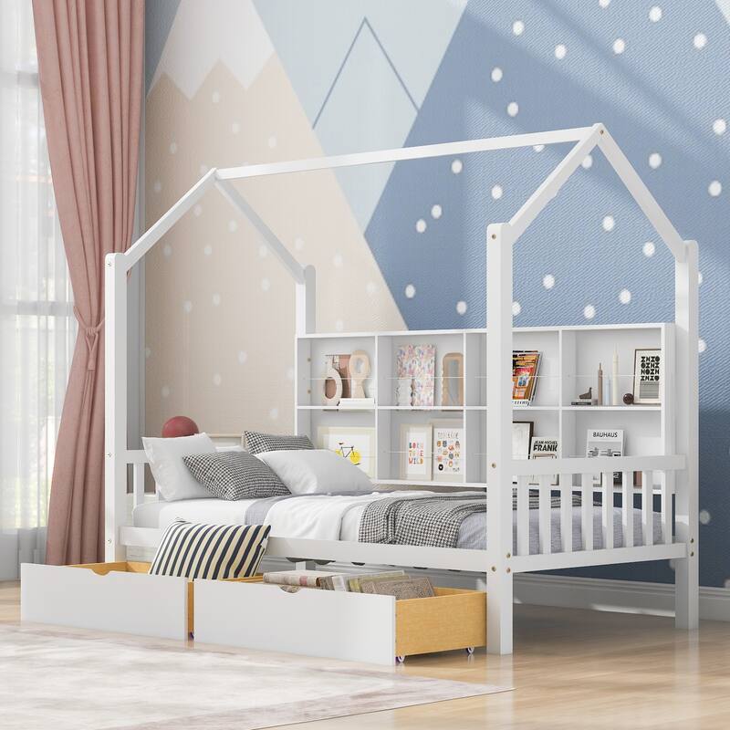 Twin Size Wooden House Bed with 2 Drawers and Storage Shelf, Kids Bed with Roof Design
