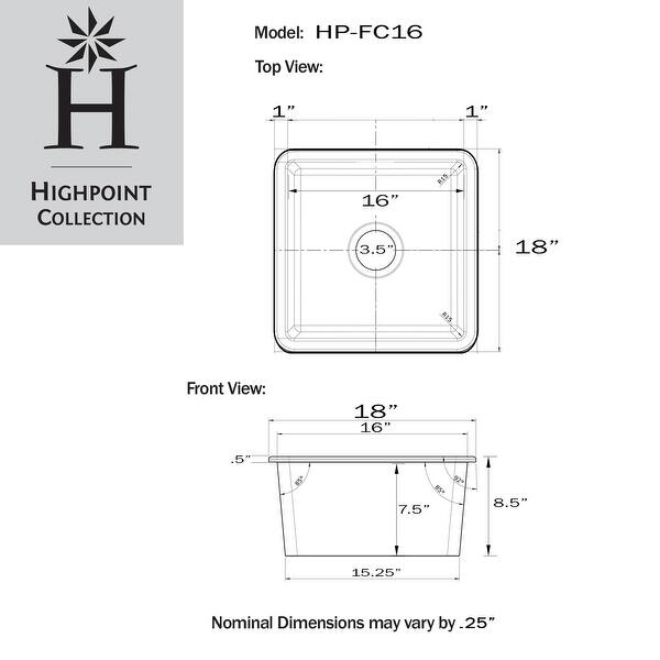 Highpoint Collection 16 Inch Square Fine Fireclay Kitchen Prep or Bar Sink - 18 x 18 x8.5 inches