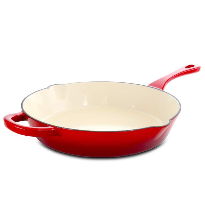 Dual Handle Firey Red 12 Inch Enameled Cast Iron Skillet